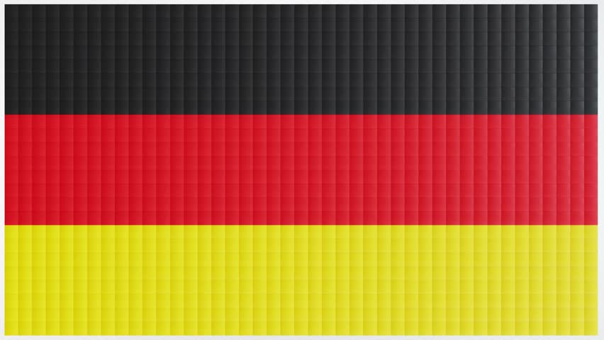 German flag built from black, red and yellow blocks. Colorful blocks fall, form the flag and scatter away.  4K, 60fps.