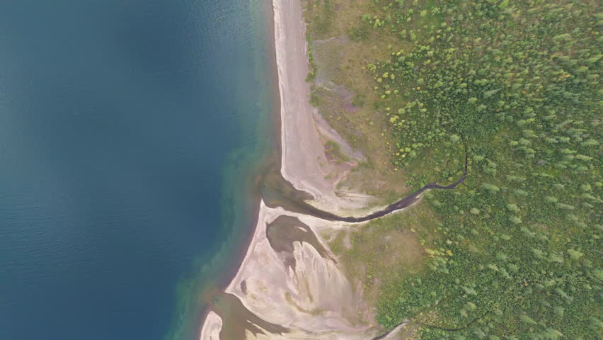 Aerial view of a slim stream meeting Lake Lama near a sharp spit. Green forest border and clean water gradient. Putorana Plateau, Russia, summer daylight, strong tourism and conservation message