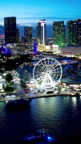 Miami skyline at night. Aerial night landscape of downtown Miami Florida United States. Cityscape landscape. Miami Florida. Miami United States. Night life at downtown district.