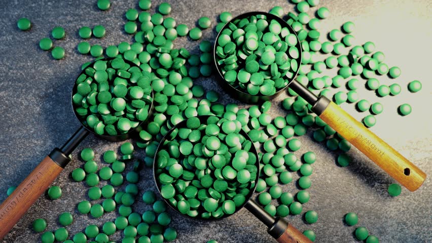 Green spirulina tablets in measuring spoons on black slate background. Top view. 4k footage