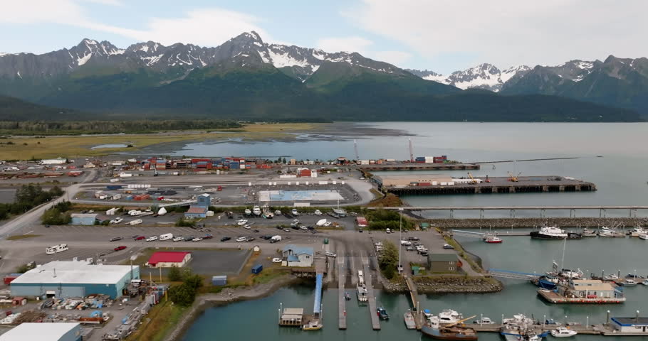 Port area in city of Seward, Alaska.. Aerial panning shot