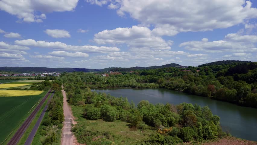 Aerial view of a lush green landscape with a serene lake.