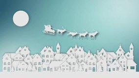 Loopable paper cut animation showing Santa Claus flying on his sleigh pulled by reindeer over a snowy village under the full moon. Elegant festive design symbolizing joy, magic, and Christmas spirit - Powered by Shutterstock - Get 15% off with code: PIKWIZARD15