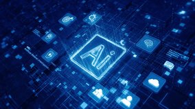 Artificial Intelligence microchip with digital interface icons on blue futuristic circuit board, AGI and data network concept - Powered by Shutterstock - Get 15% off with code: PIKWIZARD15