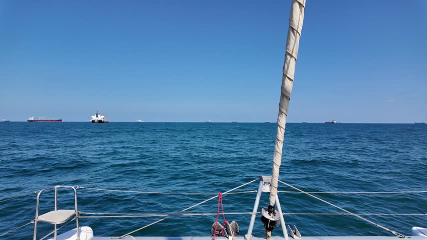 Calm sea voyage with cargo ships anchored offshore under a clear blue sky. Maritime trade, global shipping and peaceful ocean scenery.