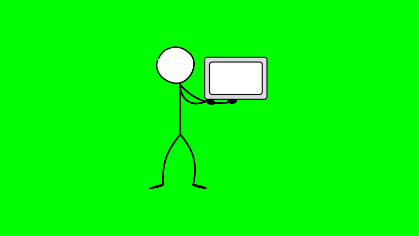 3D stick man holding blank board on green screen, perfect for presentations, marketing, announcements, and promotional design projects.
