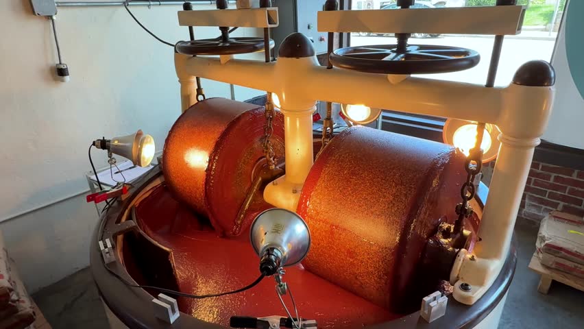 Premium Chocolatier Manufacturing Chocolate Bars, Batch Of Nibs Refined Down To Liquid On A Machine.