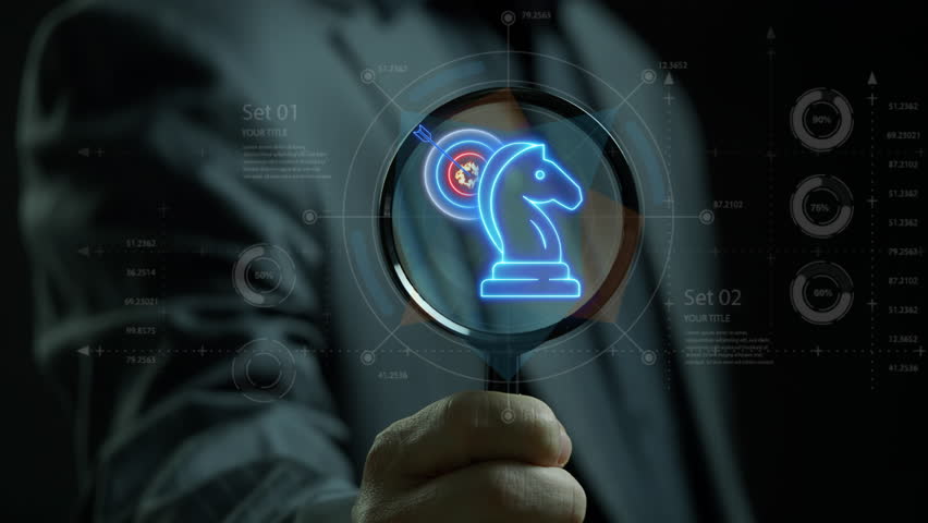 Businessman shows animated chess knight horse piece icon with arrow hitting the center of dartboard on virtual screen. Concept for business strategic growth, vision and mission goal to success.