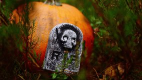 Spooky halloween skull gravestone lit by orange light beside pumpkin in dark autumn forest - Powered by Shutterstock - Get 15% off with code: PIKWIZARD15
