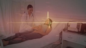 Medical doctor placing stethoscope on abdomen and listening fetal heartbeat, activating ECG overlay. Healthcare, maternity, diagnostics, professionalism, prenatal, wellness, clinical - Powered by Shutterstock - Get 15% off with code: PIKWIZARD15