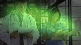 Doctor pointing at chart while nurse scanning file under fading green medical data overlay for care. Medical, collaboration, healthcare, data, analysis, diagnostic, clinical - Powered by Shutterstock - Get 15% off with code: PIKWIZARD15