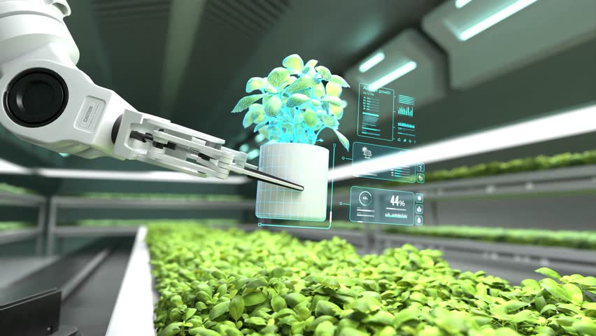 Robotic arm analyzing smart plant in a futuristic farm, Future agriculture innovation with AI and robotics