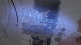 Physician adjusting ultrasound, scanning pregnant belly with grid waveform overlays capturing data. Medical, healthcare, diagnostic, technology, clinical, professional, monitoring - Powered by Shutterstock - Get 15% off with code: PIKWIZARD15