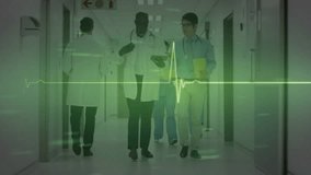 Physician duo walking hall consulting tablet and patient file as animated ECG line pulsing screen. Medical team, healthcare professionals, hospital staff, clinical environment, teamwork, diagnostic - Powered by Shutterstock - Get 15% off with code: PIKWIZARD15