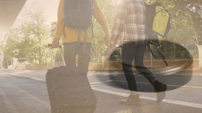 Two men walking pulling suitcase while graphic overlay expanding gavel indicating legal context. Adventure, friendship, mobility, justice, courtroom, professionalism, transition - Powered by Shutterstock - Get 15% off with code: PIKWIZARD15
