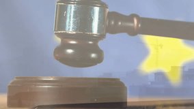 Unseen hand driving gavel on block for sound, sliding, striking over blue starry backdrop. Justice, arbitration, law, courtroom, authority, decision, legal - Powered by Shutterstock - Get 15% off with code: PIKWIZARD15