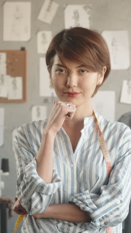 thoughtful female fashion designer holding pen near face in atelier reflecting on creative ideas purpose realization success vertical slow motion fullhd inspirational video