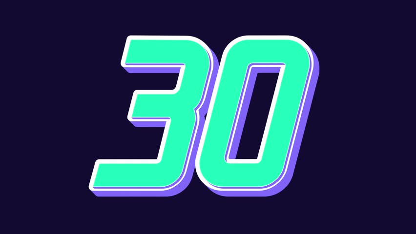 30 second countdown timer with bold turquoise numbers and purple shadow on dark navy background. Perfect for video editing, deadline reminders, presentations, and digital media projects
