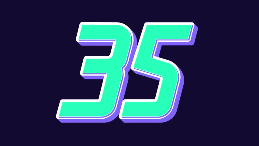 35 second countdown timer with bold turquoise numbers and purple shadow on dark navy background. Perfect for video editing, deadline reminders, presentations, and digital media projects