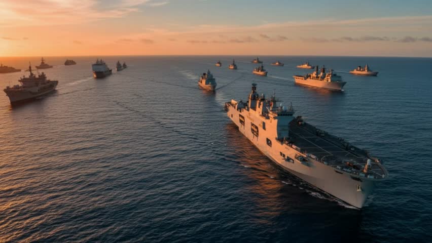 NATO Military ships at sea during sunset, calm weather over the Baltic waters