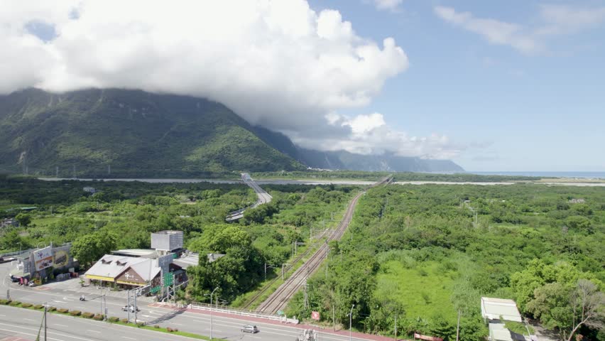 Aerial view of Xincheng Township in Hualien County, Taiwan, entrance to the beautiful Taroko National Park on the east coast of the Island of Taiwan.