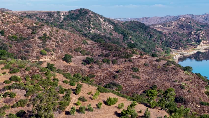 Aerial view of California hills surrounding a vibrant blue lake, showcasing arid slopes with patches of green vegetation and scenic elevation changes under a bright, clear sky.