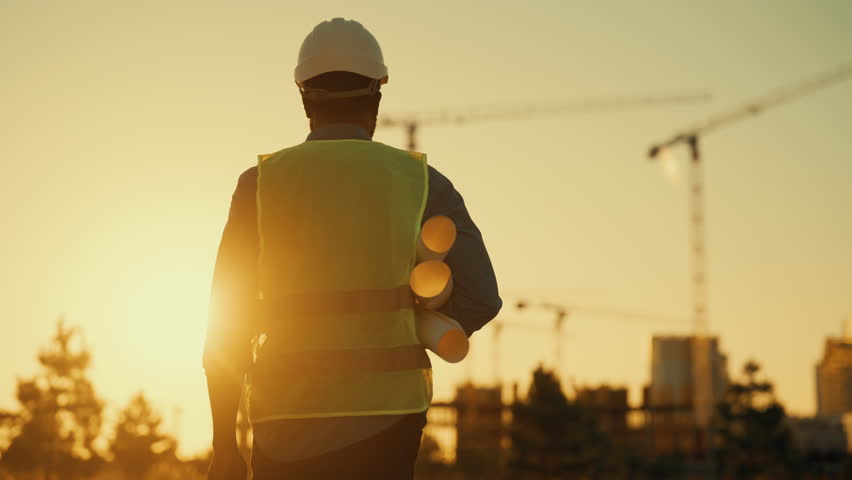 Safety precautions at construction site, back view of builder with white helmet. Professional foreman walking in sunset or sunrise time, city construction an development, cinematic shot, rear view