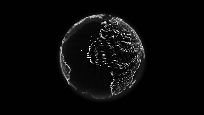 Digital white dotted planet earth loop animation isolated on a black background. Rotating stylized world globe with square particles. Big data technology, business, communication, or digital concept