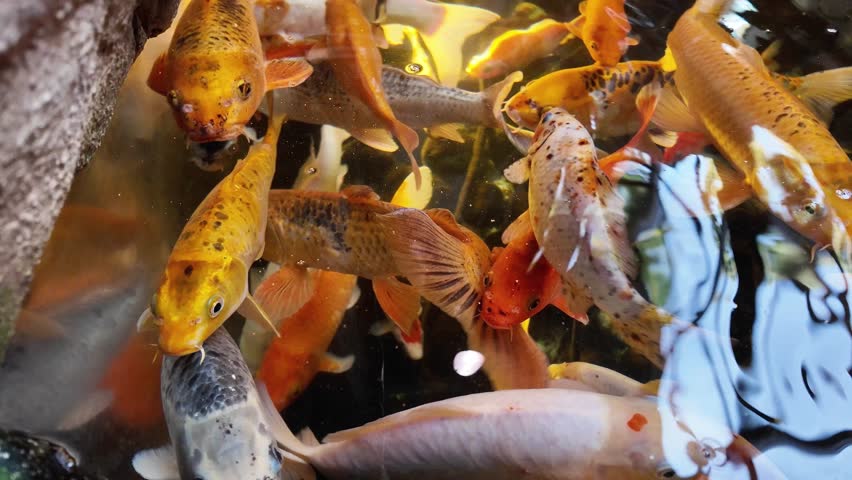 Bright golden koi fish swimming in clean aquarium water ornamental fish collection close-up