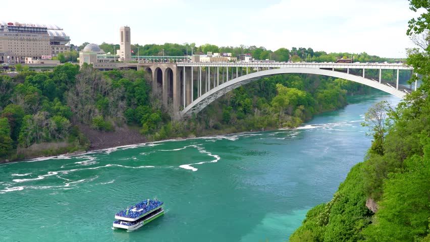 Rainbow international bridge above Niagara river between the United States of America and Canada in a sunny day