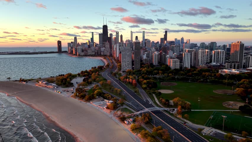 aerial pan of the chicago illinois skyline over lake michigan