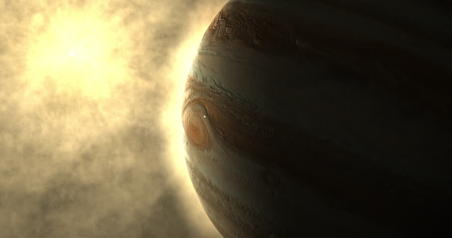 Fictitious recreation of Metis moon orbiting near of Jupiter planet