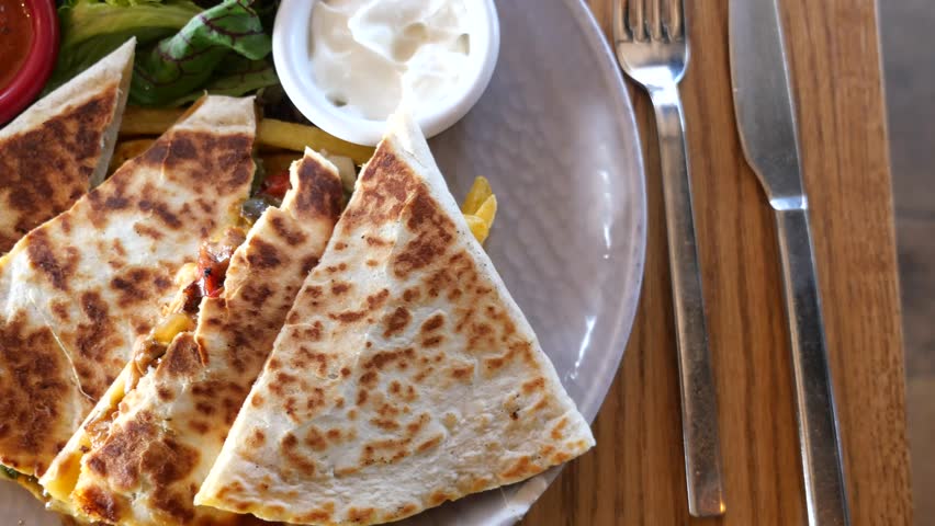 
Quesadilla with Salsa, Sour Cream, and Salad 4k