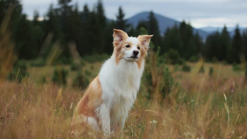 A Border Collie stands in the middle of a grassy field, looking alert and composed. This 4k frame captures attention and confidence.