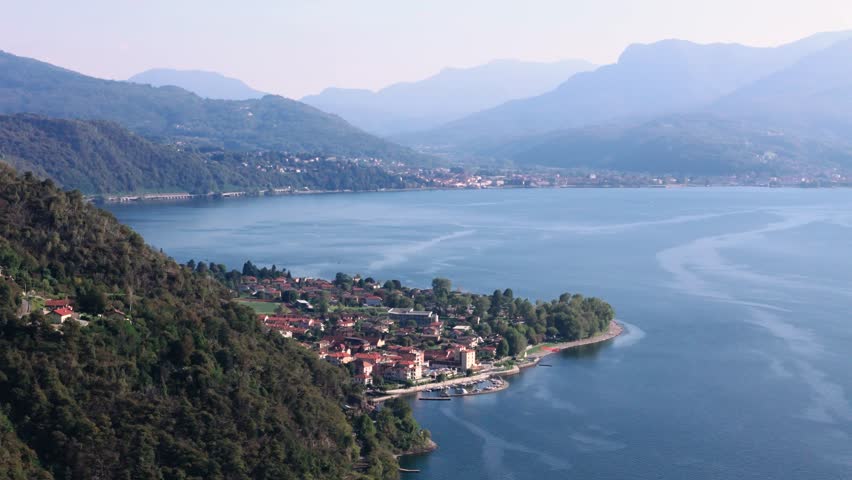 View from far of Maccagno at Lake Maggiore, Italy
