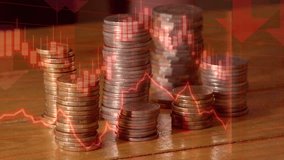 Time-lapse of coins falling with red stock-market overlay showing financial crash, economy decline concept or AI bubble bursting  - Powered by Shutterstock - Get 15% off with code: PIKWIZARD15