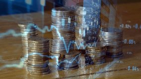 Timelapse of coins cascading downward, overlaid with animated stock market charts, ticker graphics e.g falling prices, candlesticks, numeric data to evoke financial downturn or cash-flow visuals. - Powered by Shutterstock - Get 15% off with code: PIKWIZARD15