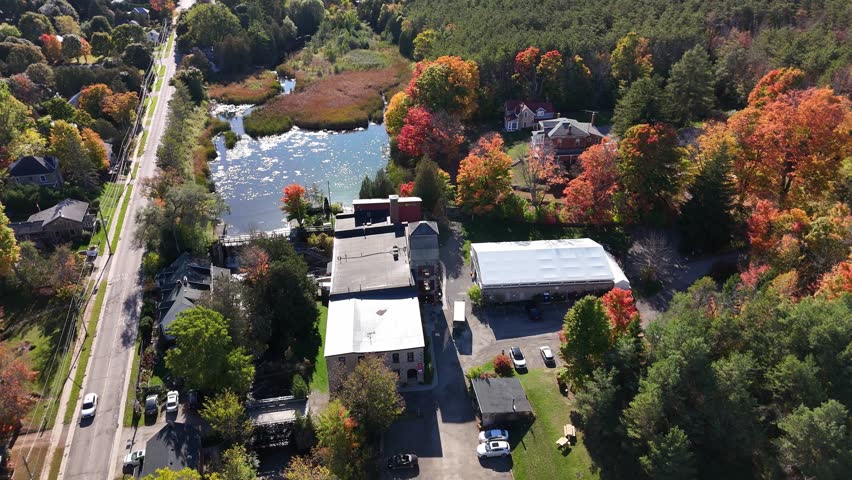 Alton Mill aerial view, fall colors, Ontario art studio gallery exterior