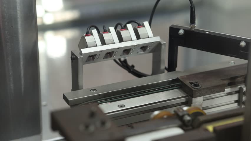 Close-up of an automated pick-and-place robotic arm positioning microchips on a conveyor rail, with visible wiring and precision components. No branding or logos present