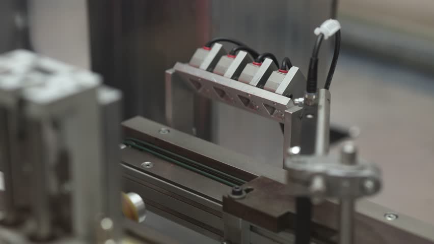 Close-up of an automated pick-and-place robotic arm positioning microchips on a conveyor rail, with visible wiring and precision components. No branding or logos present