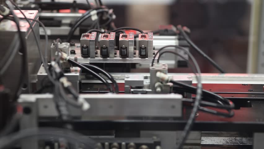 Close-up of industrial machinery with five illuminated sensors on a conveyor system, showing wiring and mechanical components in detail. No visible logos or branding