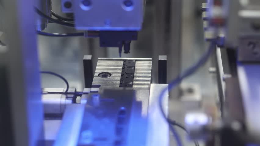 Close-up view of advanced automated machinery operating in an industrial environment with visible wiring and mechanical components. No identifiable branding or logos visible