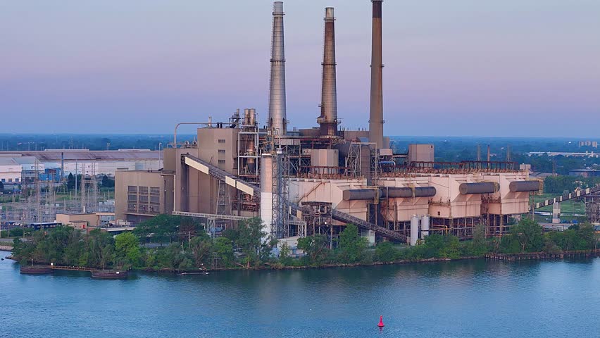 DTE River Rouge Power Plant on Detroit River With Three Tall Smokestacks at Dusk, River Rogue Michigan, USA