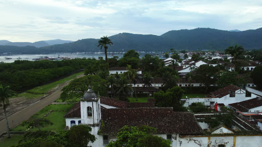 Aerial view around the Parish Church of Paraty, cloudy evening in Brazil