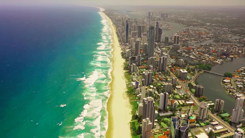 Gold Coast oceanfront skyline and highway at sunrise
