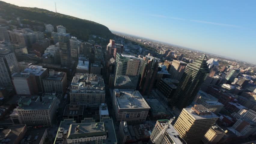 Modern Office Buildings Towering In Downtown Montreal, Quebec, Canada. FPV Shot