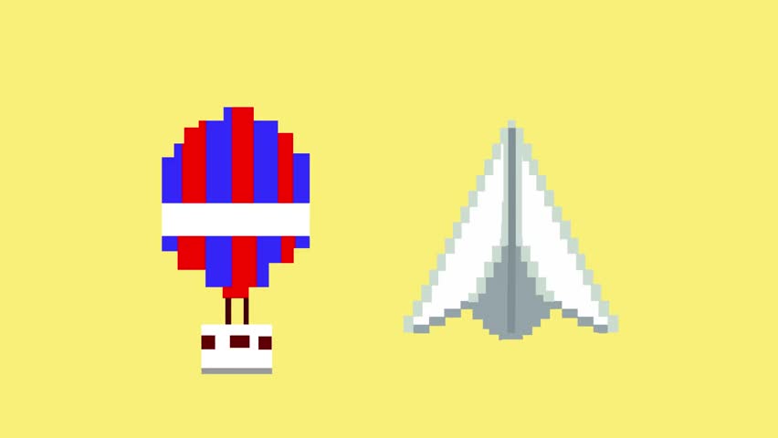 Animation of a balloon and a paper airplane made in pixel art style with a yellow background, art, game, old.