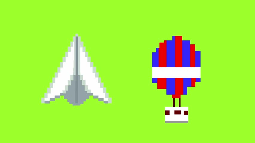Animation of a balloon and a paper airplane made in pixel art style with a green background, art, game, old.