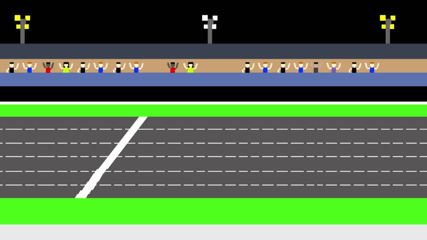 Pixel art animation of a running track passing by, competition, game, vintage.