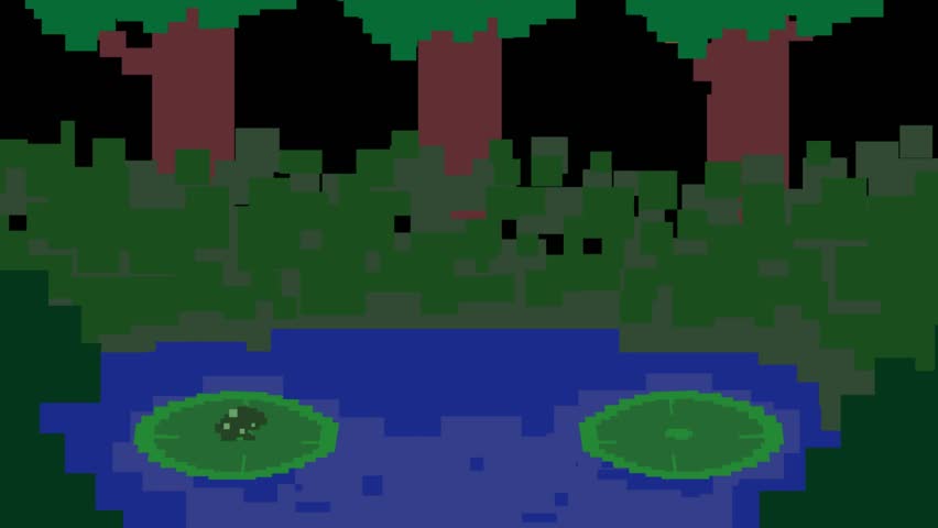 Pixel art animation with a frog jumping and catching flies in a pond with bushes, game, old.